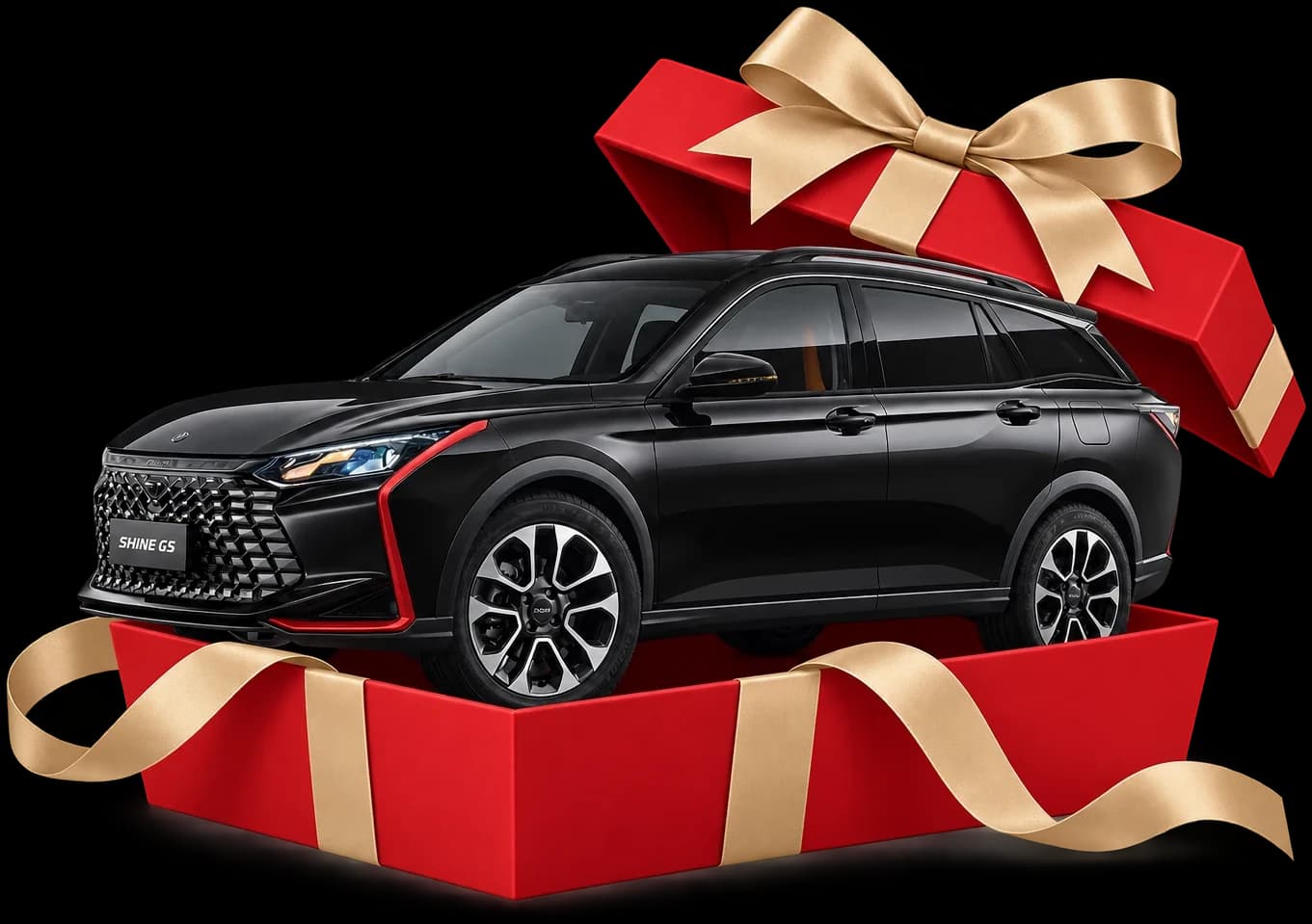 Premio del sorteo: Dongfeng Shine GS C68 - 2026, saliendo de una caja de regalo. Imagen ilustrativa.
